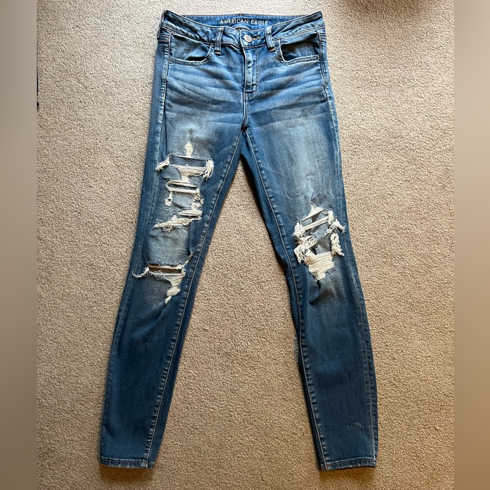 American Eagle jeans, light wash, extra stretch, Size 10 long